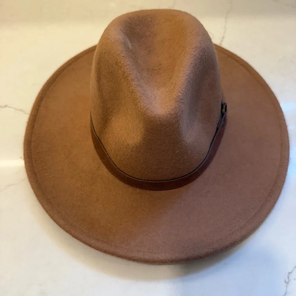 Artisan NY Classic Fedora Hat 100% Wool Tan Brown Faux Leather Adjustable Size